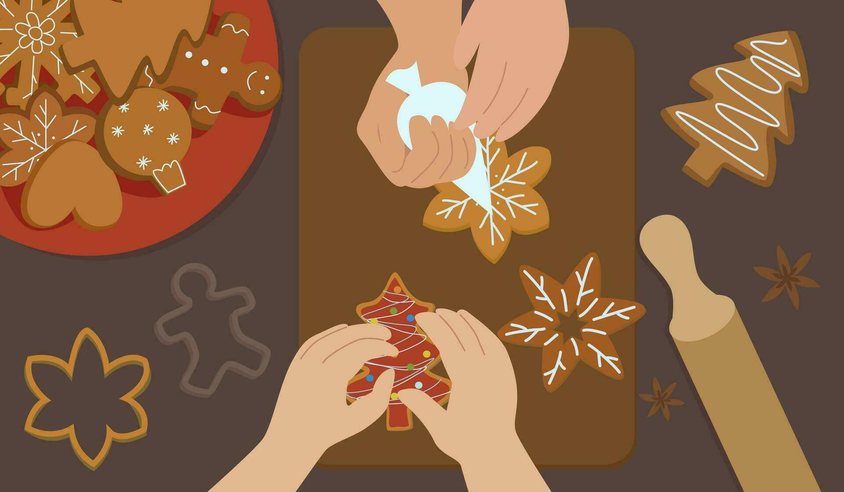 cooking gingerbread top view. making and decorating gingerbread, Christmas baking vector