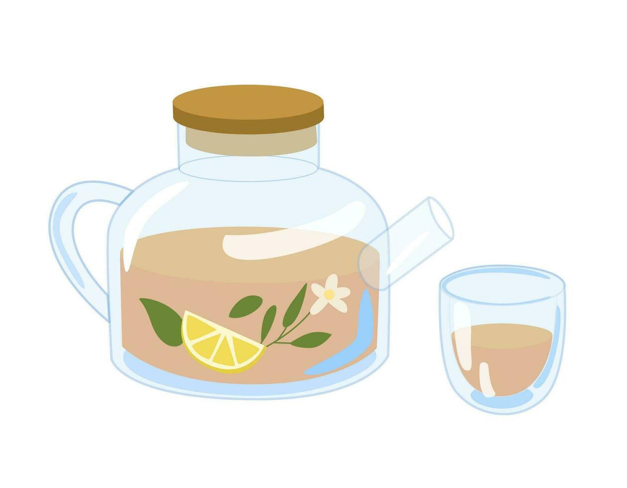 transparent glass teapot and mug, herbal tea with lemon vector