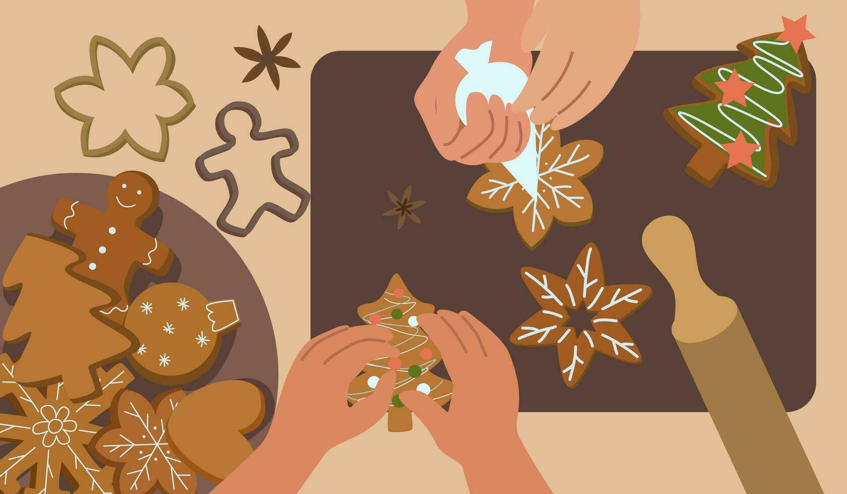 cooking gingerbread top view. making and decorating gingerbread, Christmas baking vector