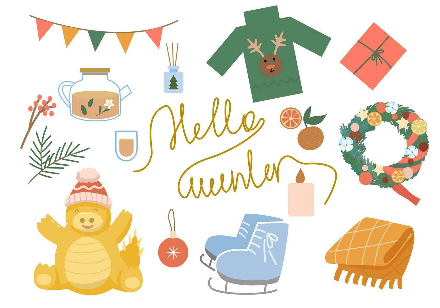 vector cozy winter set of elements and objects in warm colors