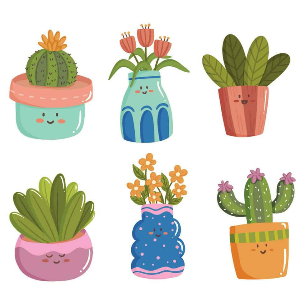 Hand drawn illustration of cactus on pot with leaves and flower watercolor doodle character vector