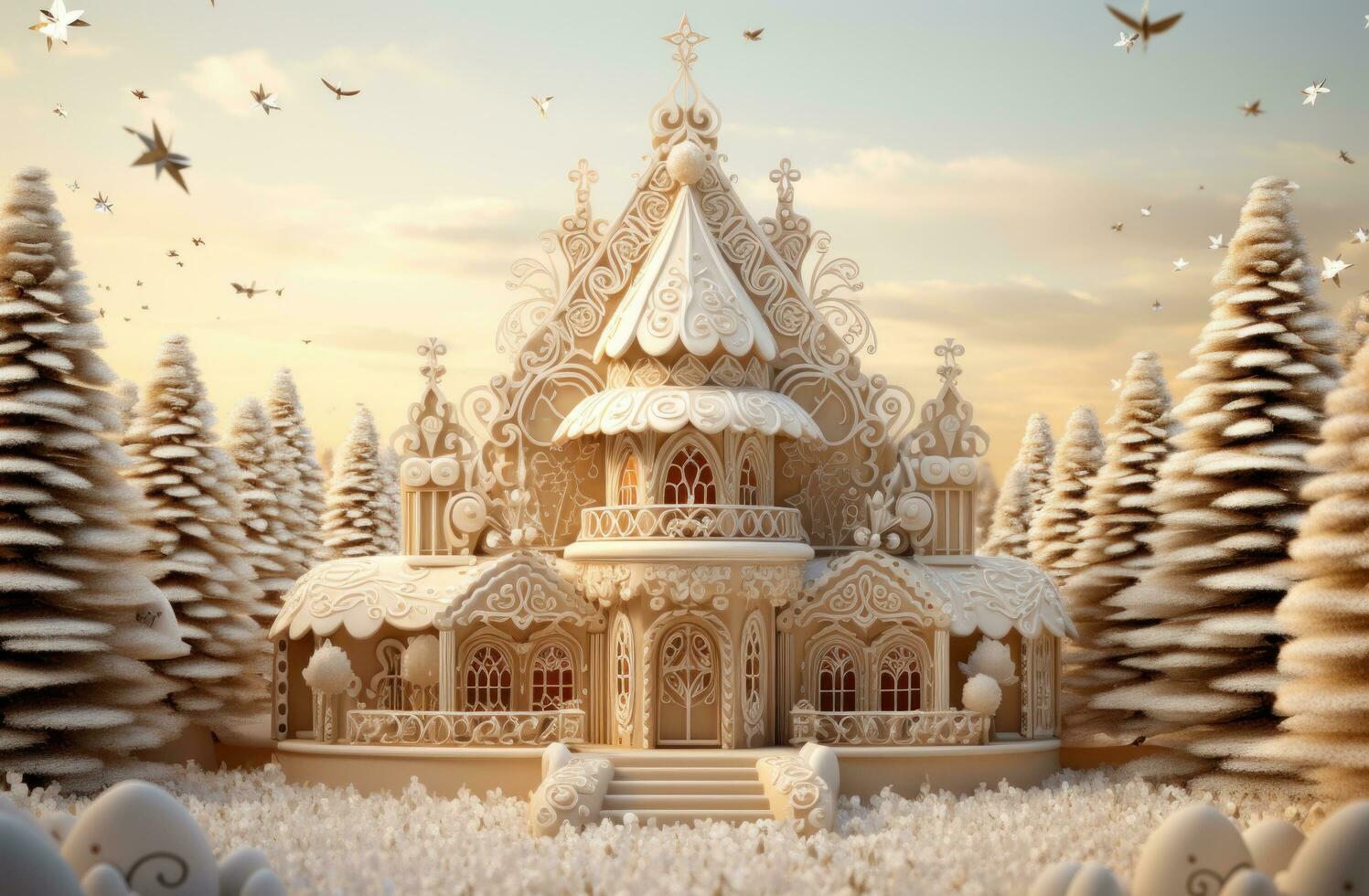 AI generated ginger houses with decorations in front of a bright background photo