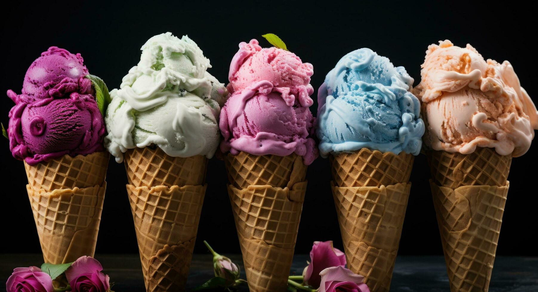 AI generated ice cream cones full of different flavors of ice cream in a gray background photo