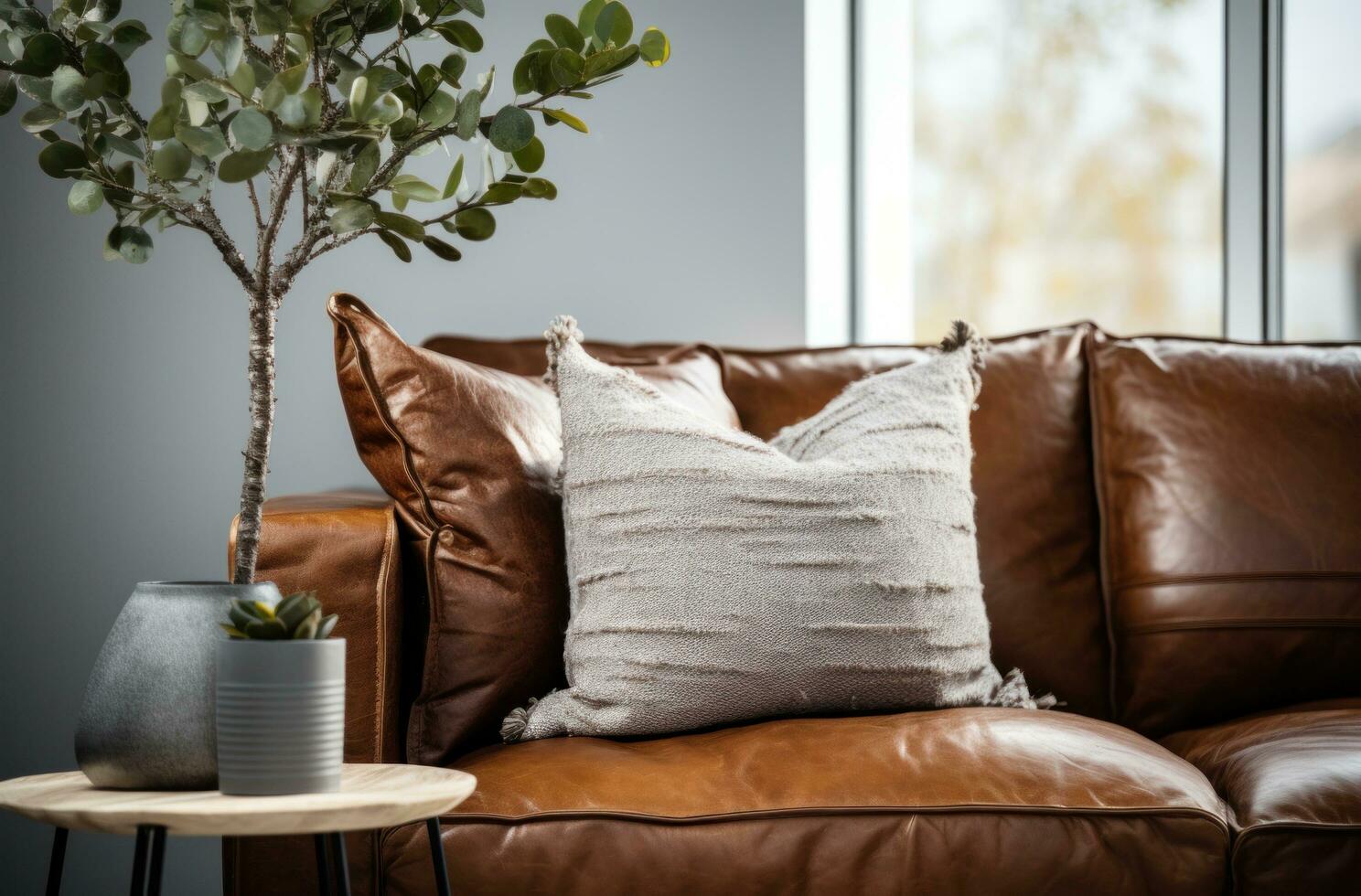 AI generated leather couch with throw pillows and a plant on top photo