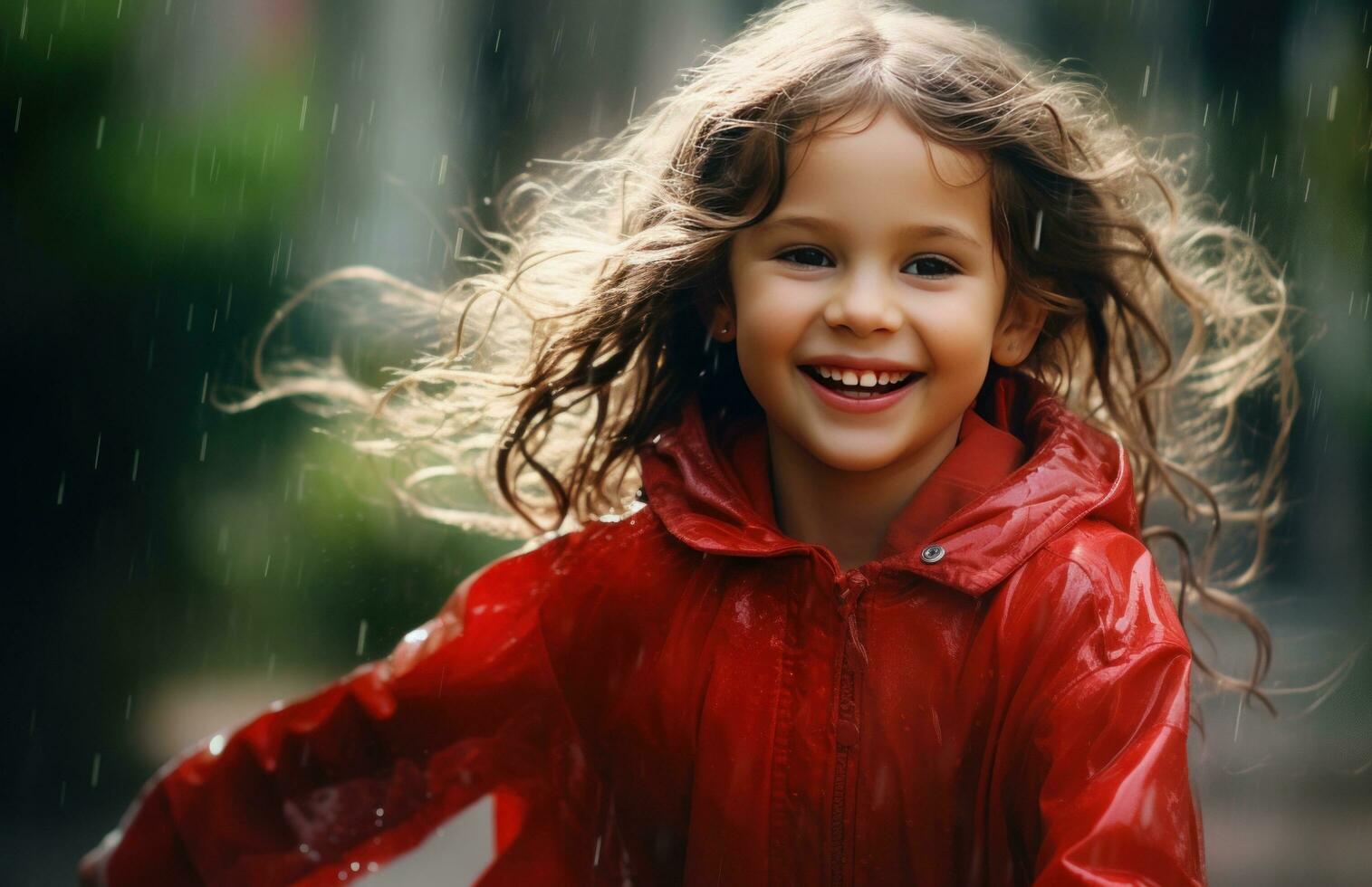 ai generado niña en rojo corriendo en medio de el lluvia foto
