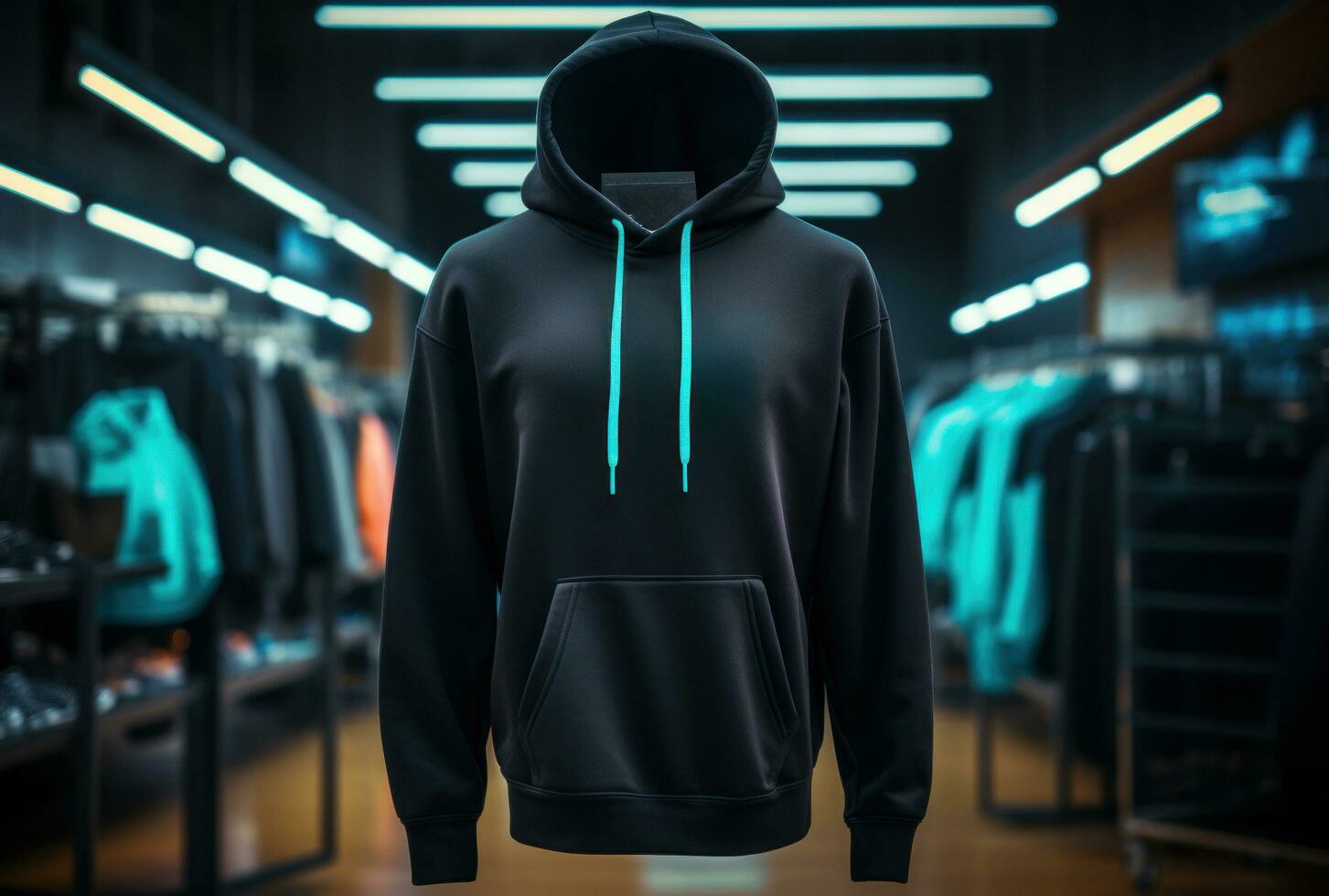 AI generated hoodie hanging with neon lights photo