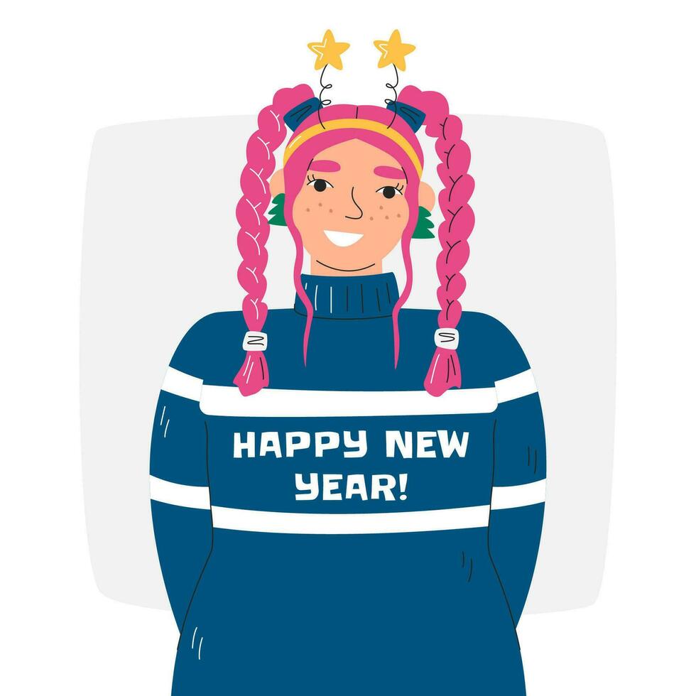 joven adulto hembra personaje con rosado trenzas pecoso mujer en feo suéter atuendo. americano tradicional familia y amigos fiesta. cuerpo positivo niña retrato mano dibujado plano vector ilustración