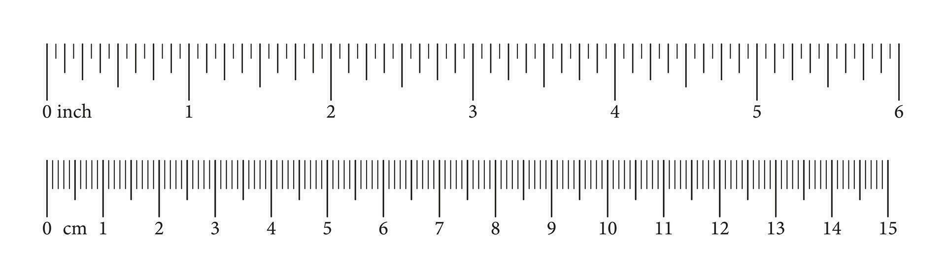 Set of scale with 6 inch, 15 centimeter with markup and numbers. Measuring charts of metric, imperial units. Collection of distance, height, length measurement tool templates. Sewing tool. Vector. vector