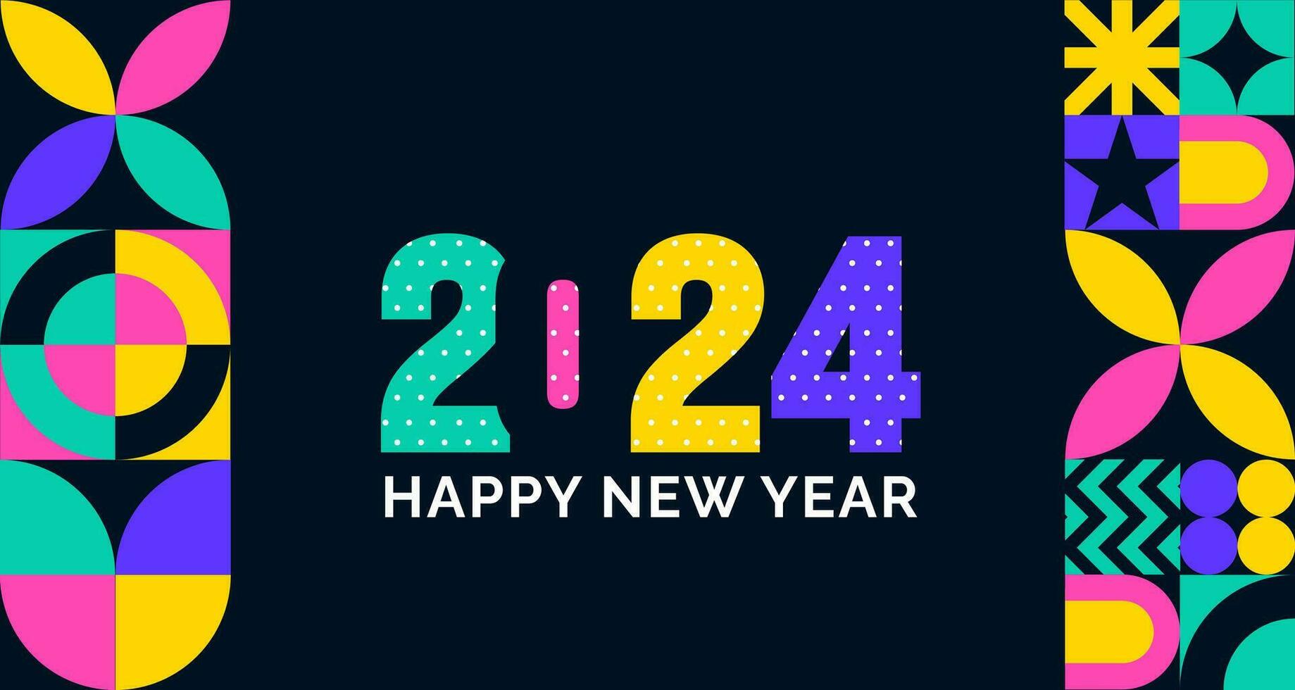 2024 Happy New Year colorful Text logo typography with geometric shape pattern background design template. greetings with 2024 numbers in the form of colored stained glass. Art design template 2024. vector