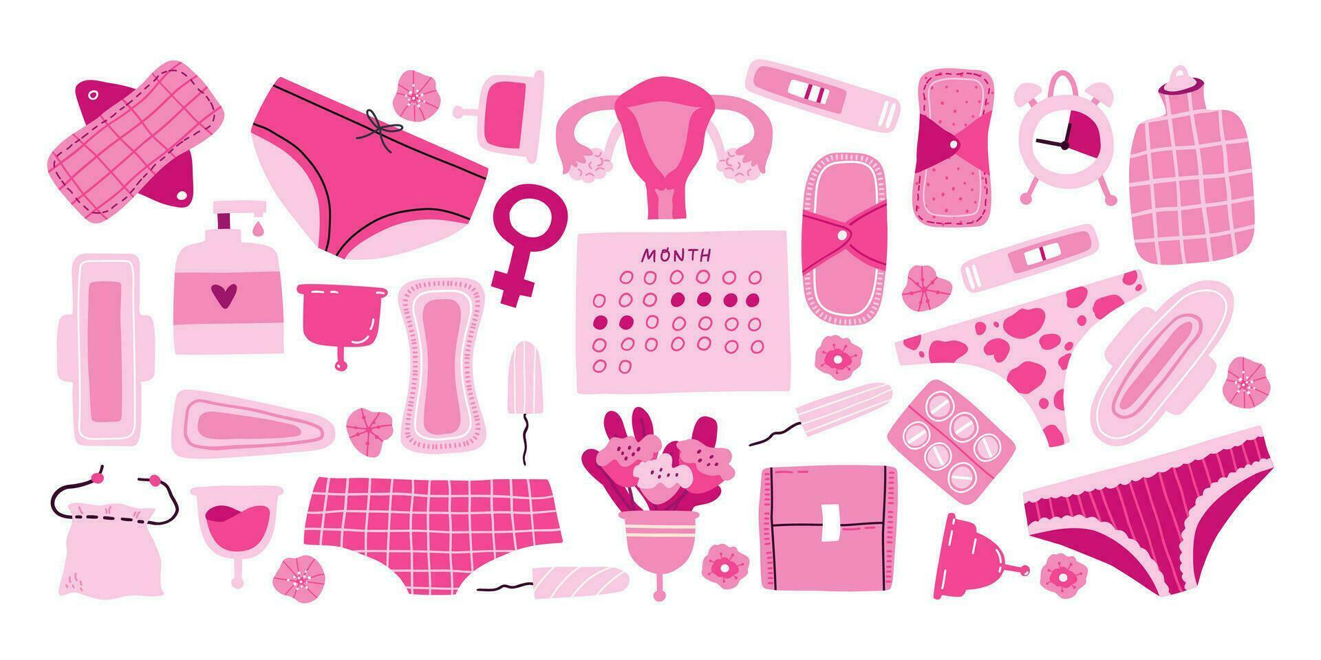 Set of female menstrual hygiene isolated on white. Doodle-style menstrual pads and tampons, pills, menstrual cups, period tracking calendar, and more vector