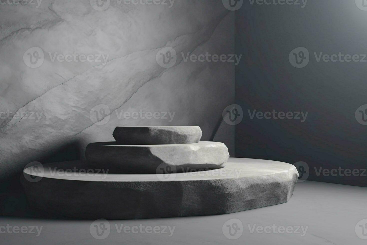 AI generated Stone podium for products, product presentation platform. Dark background, in a dark key. AI generated. photo