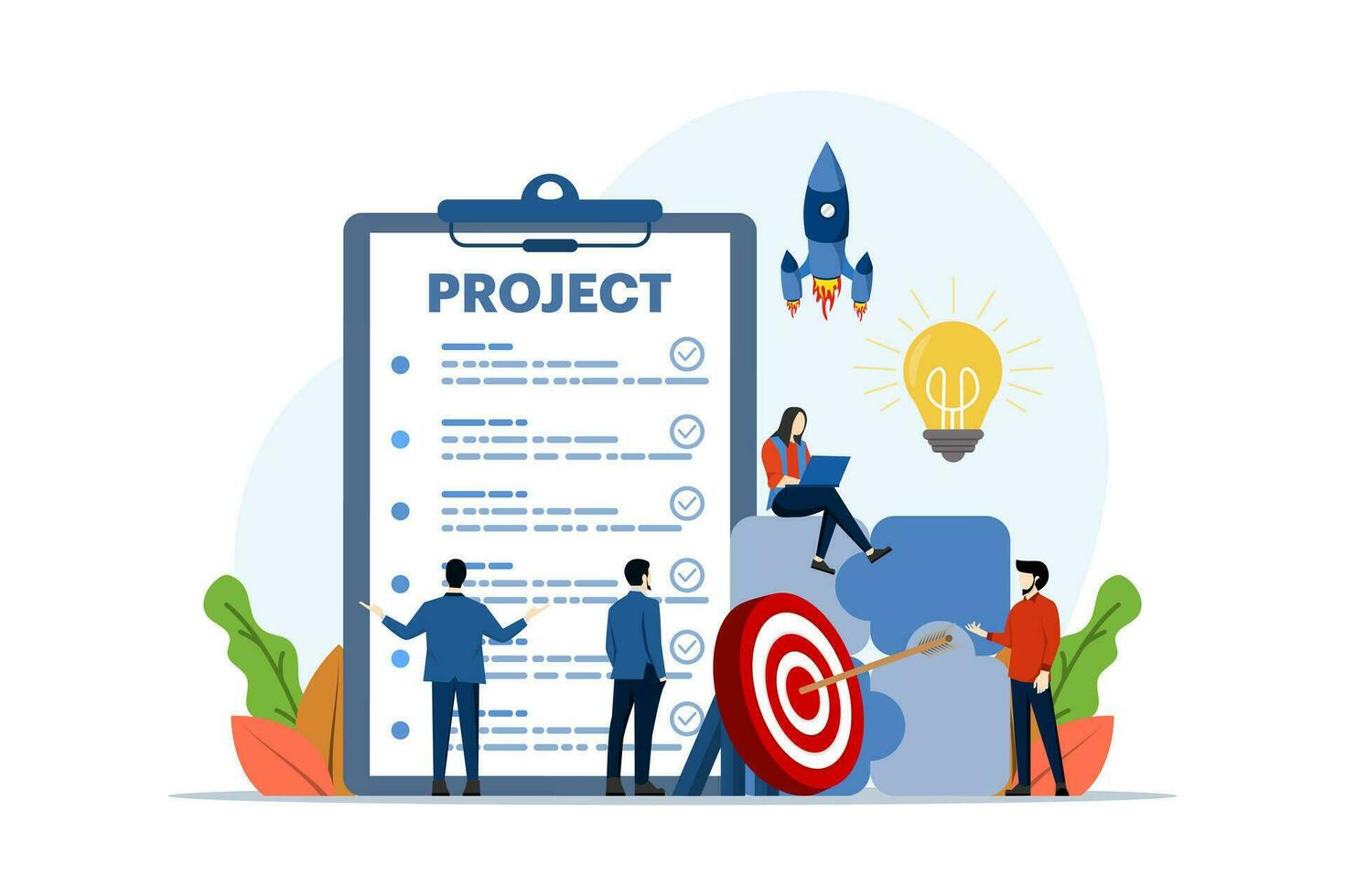 Project management concept. Strategy, motivation and successful leadership. Analysis and development of online marketing. Modern flat cartoon style. Vector illustration on white background.