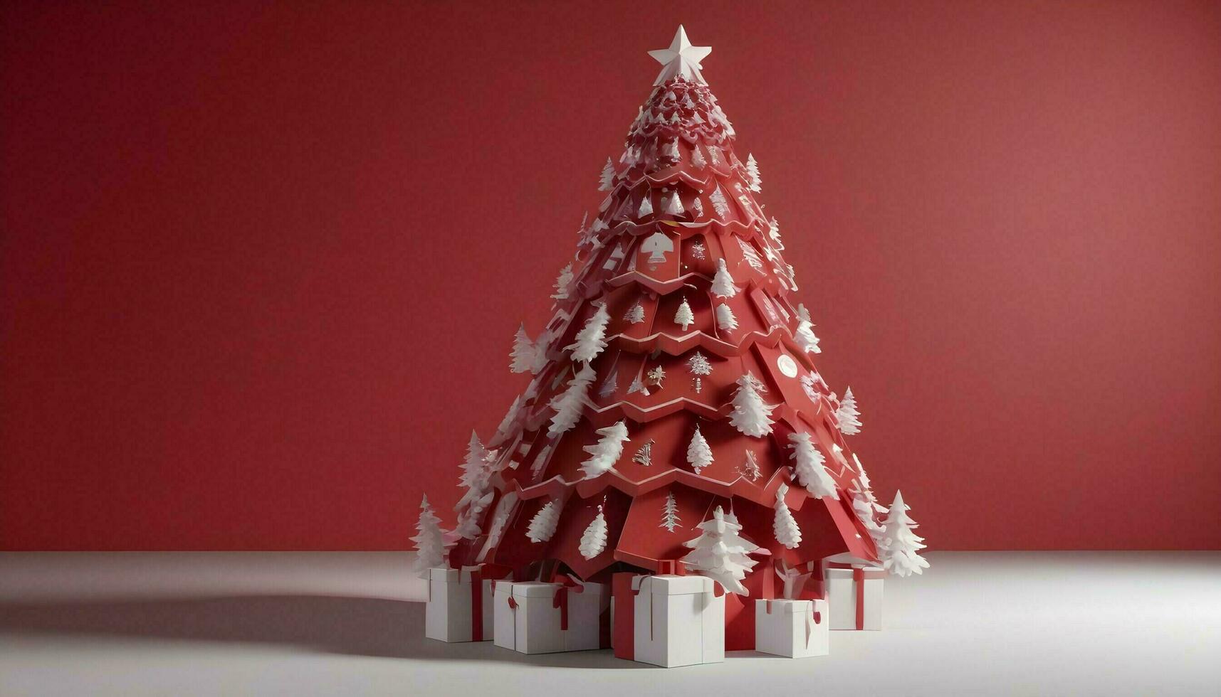 AI generated merry christmas tree white on  red background wallpaper photo