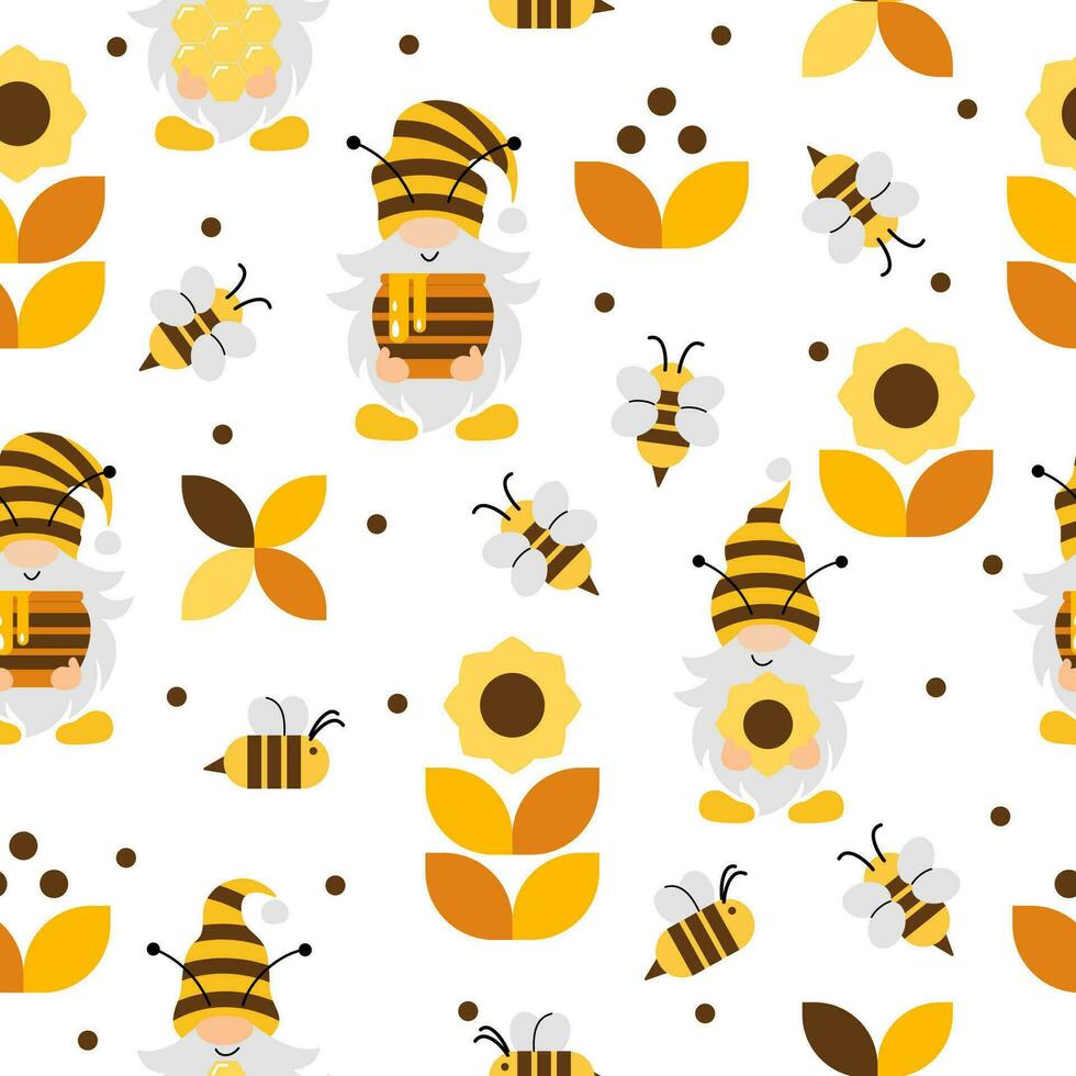 Vector seamless pattern with flying cartoon bees and gnomes on white background. Illustration for magazine, book, poster, card, web pages.