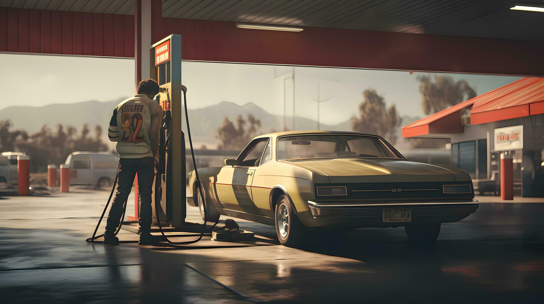 AI generated Gas station worker filling gas tank at gas station photo