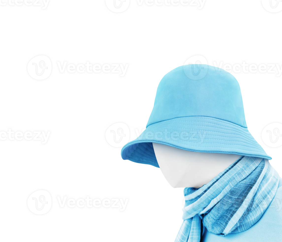 The model is wearing a blue bucket hat PNG transparent