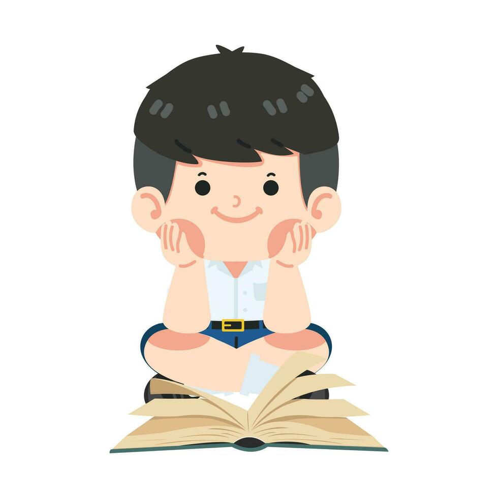 Kid boy student enjoying reading book vector