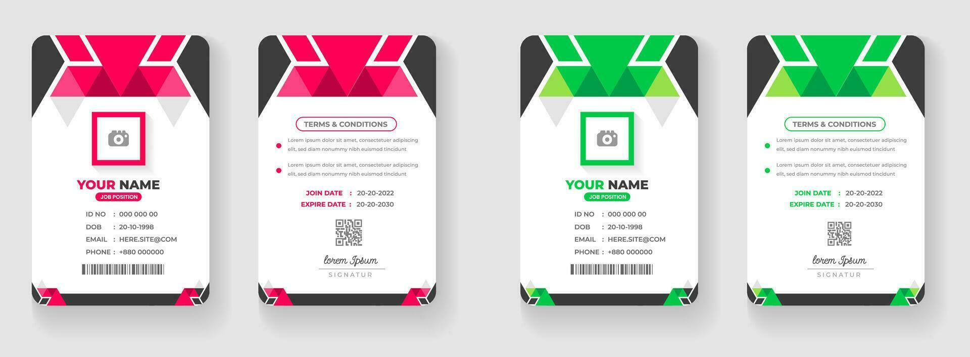 corporativo negocio oficina carné de identidad tarjeta diseño conjunto con rojo y verde color. vector