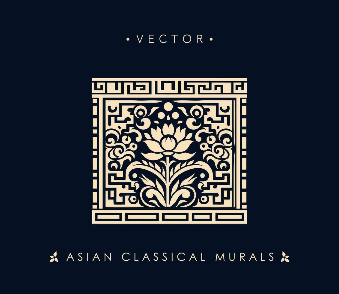 Asian Classical Mural with Symmetrical Floral Pattern vector