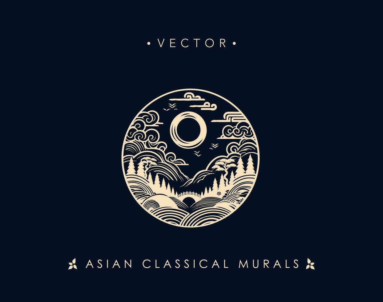 Circular Asian Landscape Vector with Celestial Elements