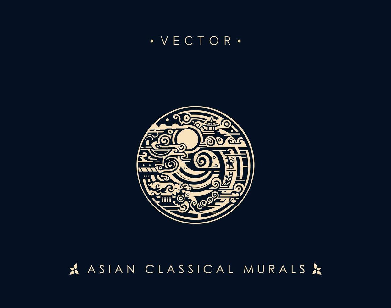 intrincado asiático nubes y pagoda circulo vector Arte