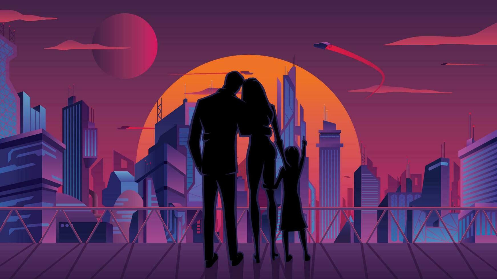 familia en futurista ciudad vector