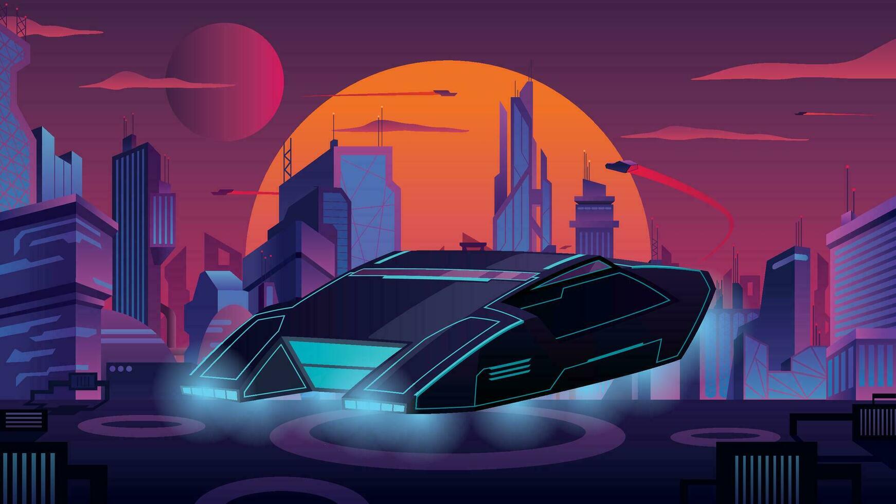 volador coche en futurista ciudad vector