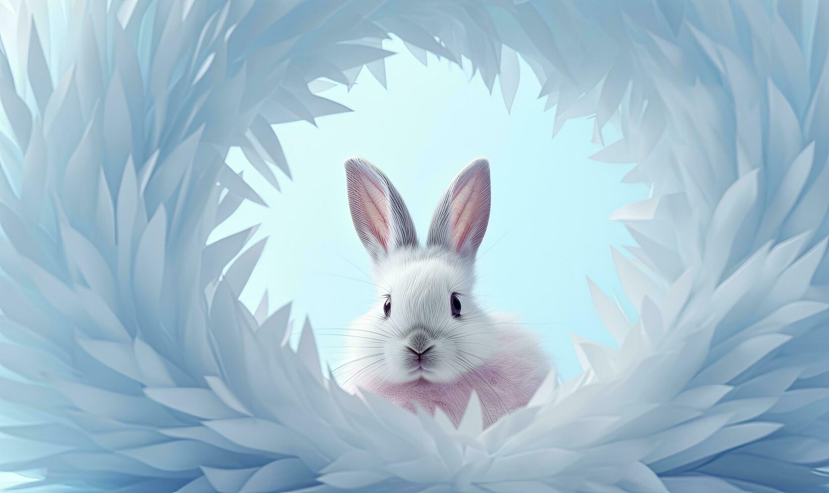 AI generated cute bunny is peeking out of a white hole photo