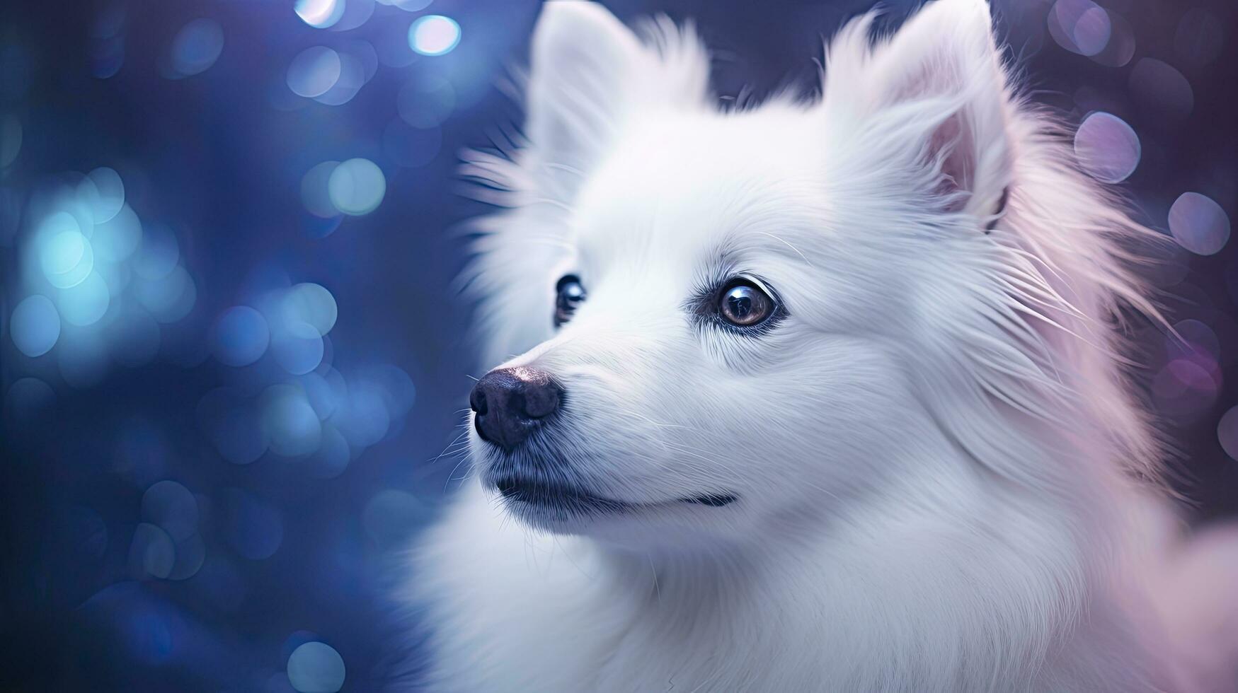 AI generated Close Up Capture of a White Dog with Blue Iridescent Tones, Embracing Dark Romantic Style, Glitter, Bokeh, and a Minimalist Approach. photo