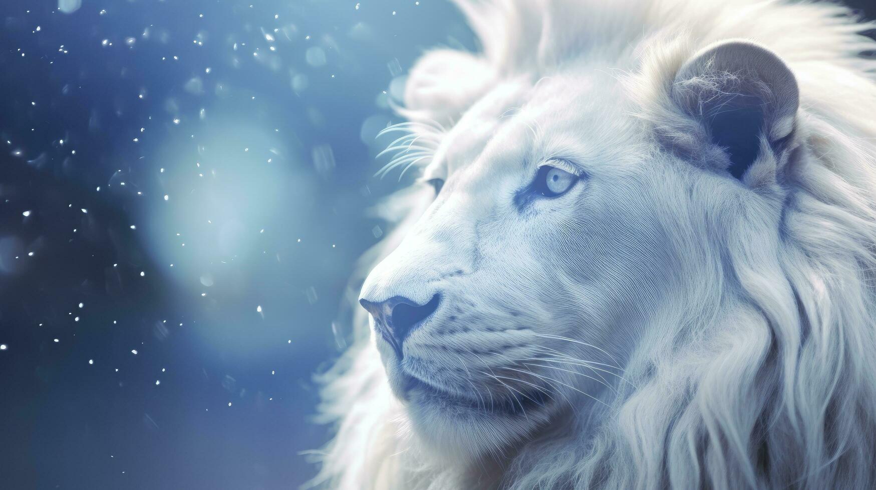 AI generated A White Lion Captured in Blue Iridescent Hues, Dark Romantic Style, Close-Up Shots, Featuring Glitter, Bokeh, and a Clean, Minimalist Aesthetic. photo