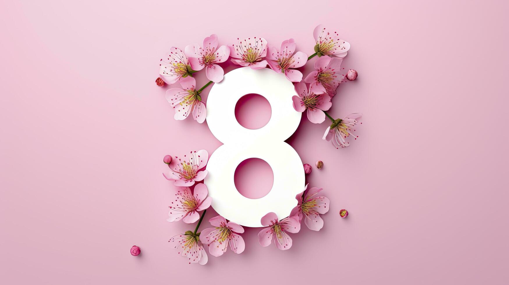 AI generated International Women's Day 8 March greeting card with spring pink flowers and number 8 isolated on Pink background, top view, free space for advertising. photo