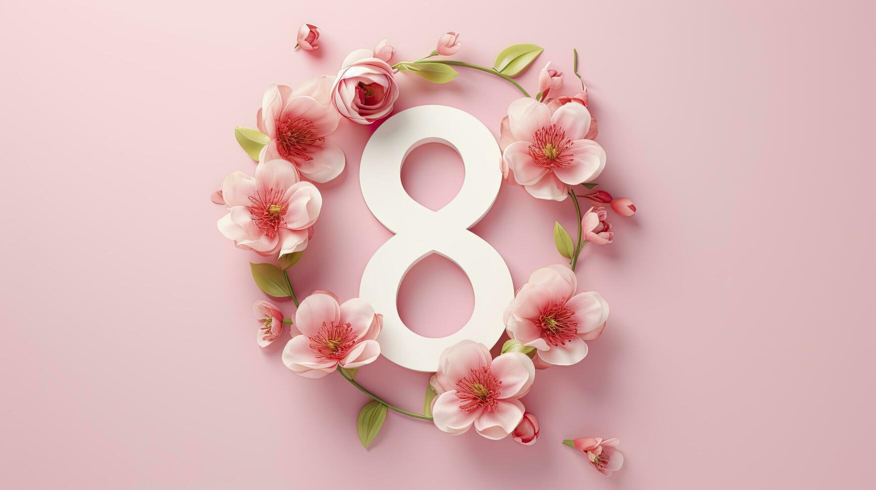 AI generated International Women's Day 8 March greeting card with spring pink flowers and number 8 isolated on Pink background, top view, free space for advertising. photo