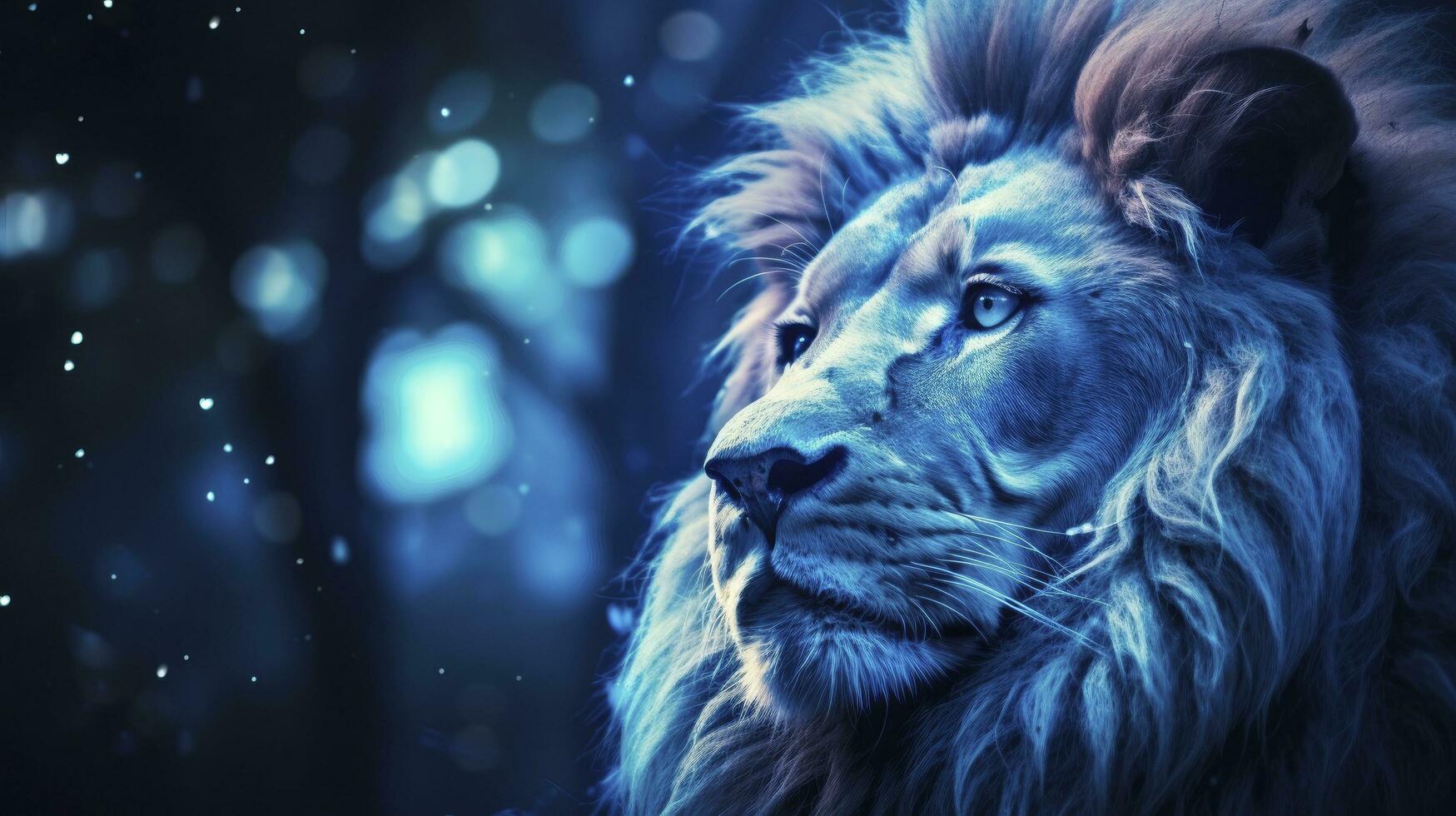 AI generated Close Up Capture of a Lion King in Dark Romantic Style, Featuring Blue Iridescent Tones, Glitter, and Bokeh Effects. photo