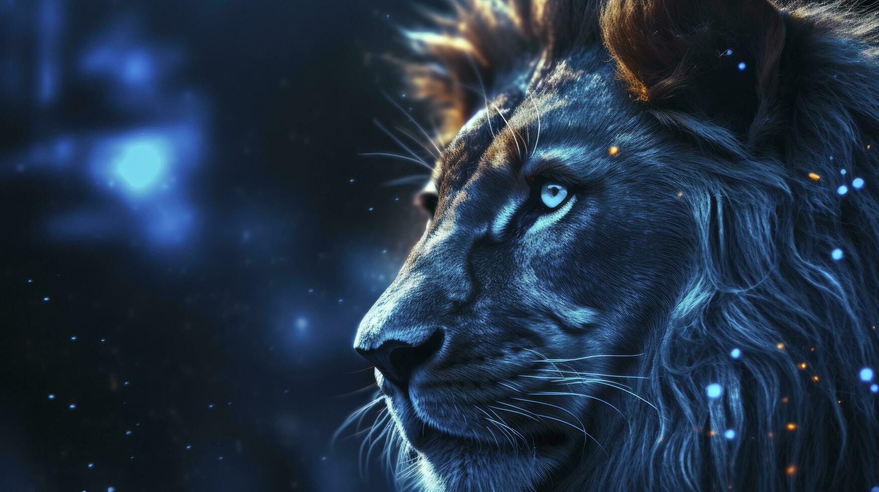 AI generated Close Up Capture of a Lion King in Dark Romantic Style, Featuring Blue Iridescent Tones, Glitter, and Bokeh Effects. photo