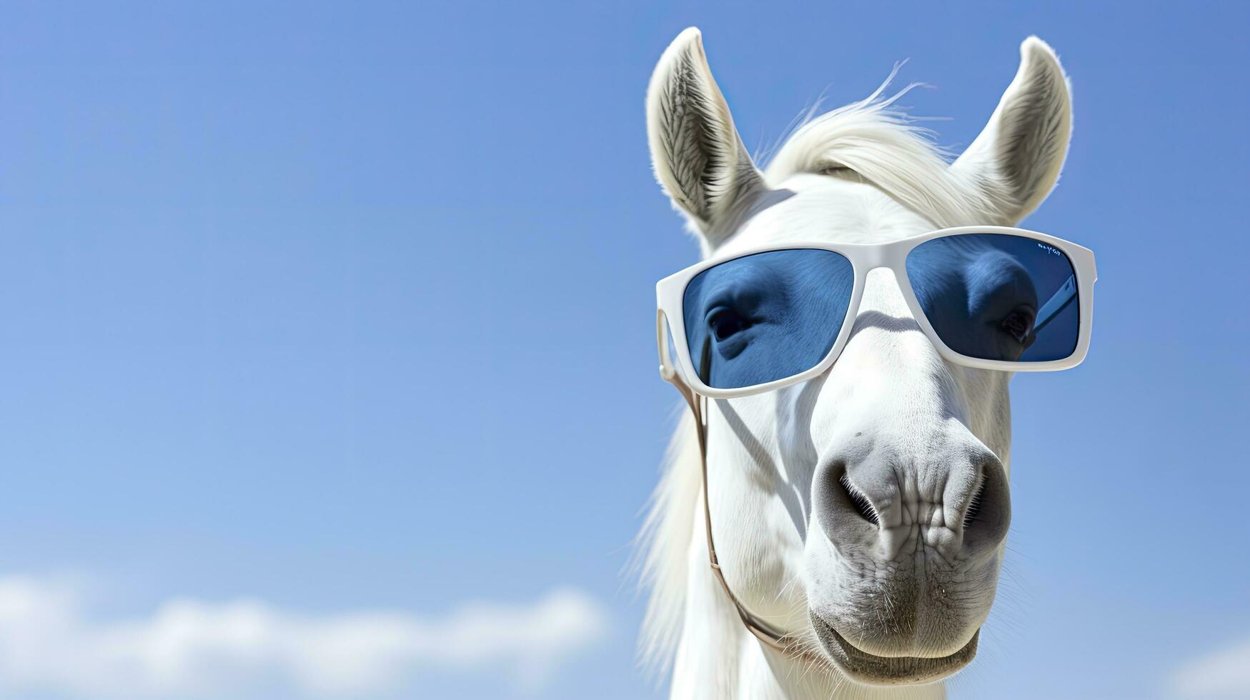 ai generado gracioso caballo en Gafas de sol en contra un natural antecedentes foto