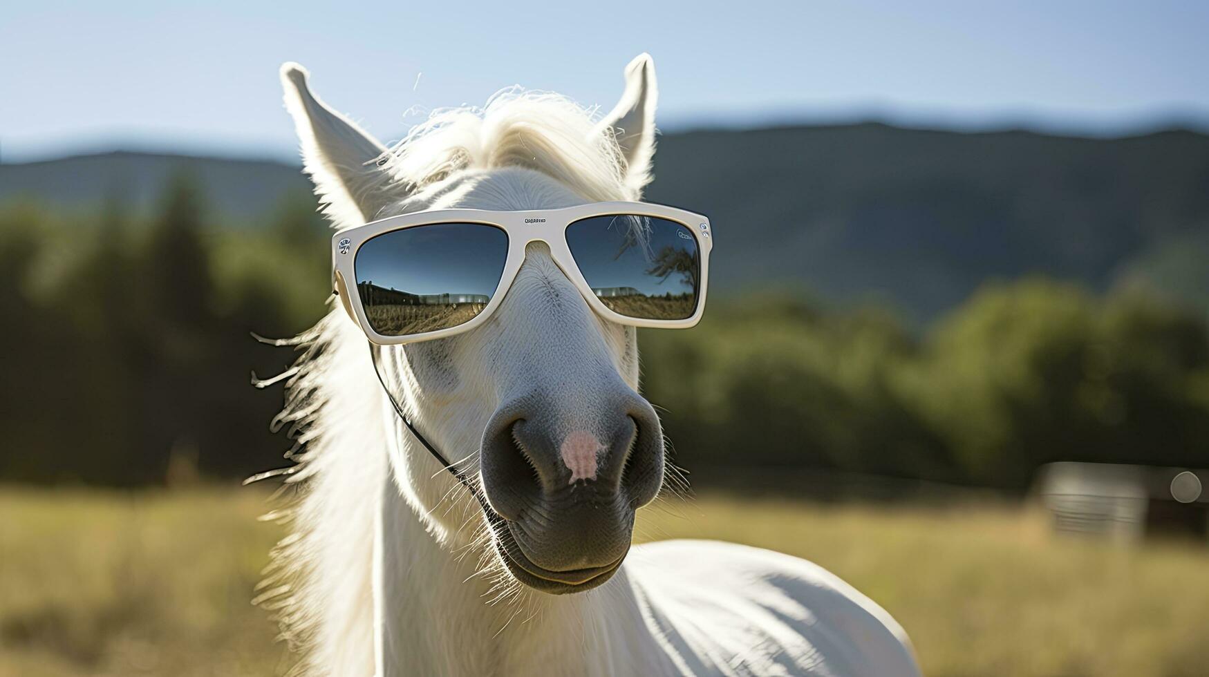 ai generado gracioso caballo en Gafas de sol en contra un natural antecedentes foto