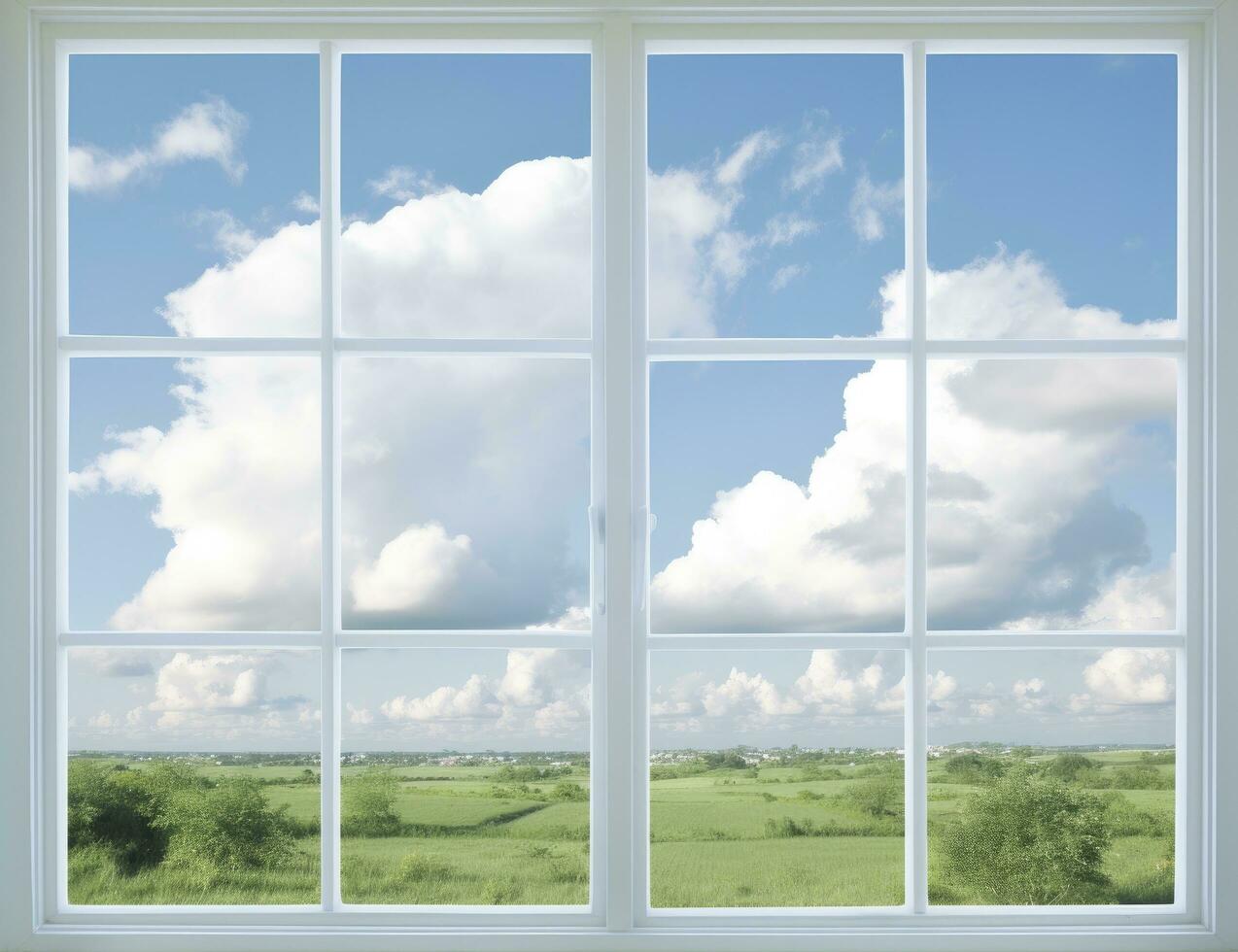 ai generado ventana bohordo mundo maravilloso panorámico ver de un rural verano campo, atractivo el tranquilo belleza de el al aire libre adentro foto