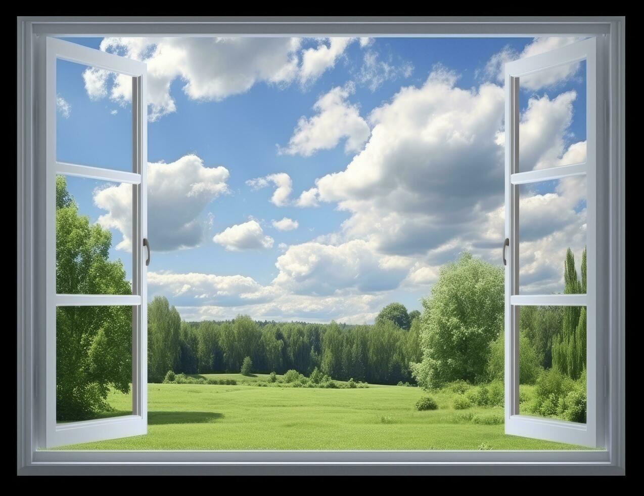 AI generated Embracing Nature Panoramic View of a Rural Summer Field Through an Opened Window, Bringing the Beauty of the Outdoors Inside. photo