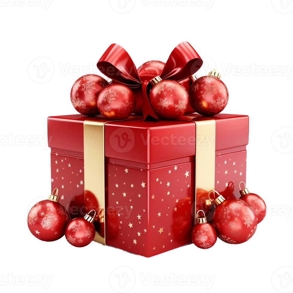 AI generated Red decorated Christmas gift box with golden bow isolated on a transparent background png