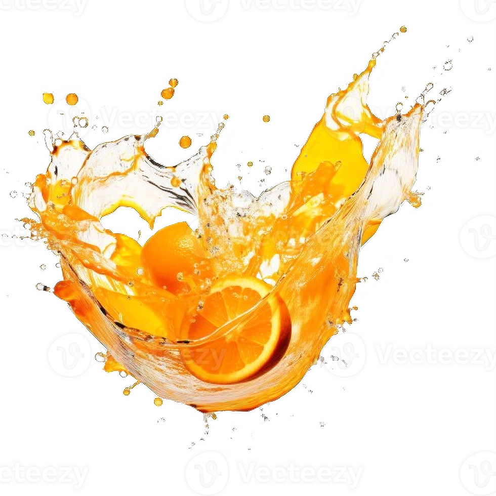 AI generated Vibrant Orange Juice Splash with Fresh Halves on transparent background. ai generative png