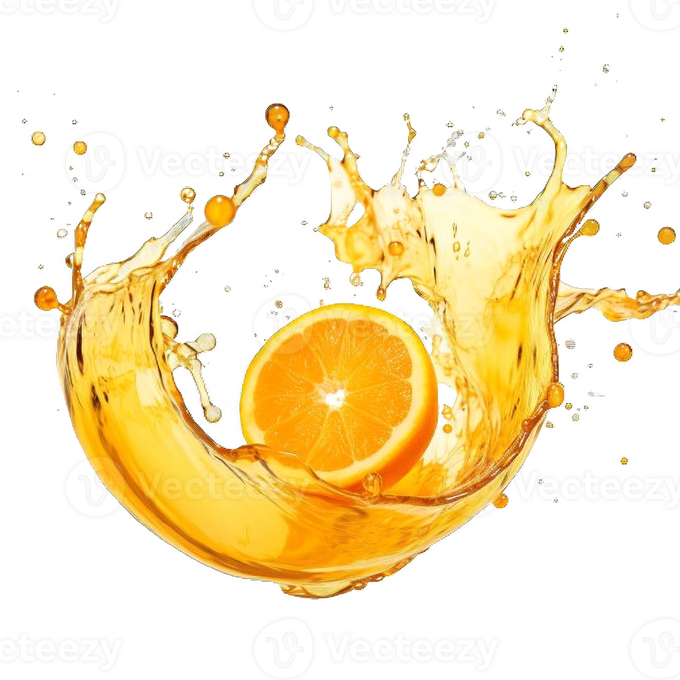 AI generated Vibrant Orange Juice Splash with Fresh Halves on transparent background. ai generative png