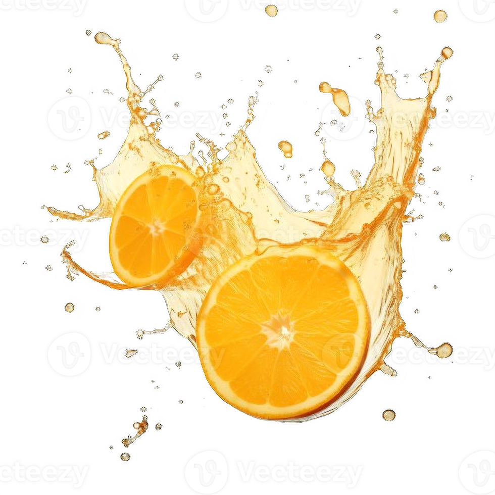 AI generated Vibrant Orange Juice Splash with Fresh Halves on transparent background. ai generative png