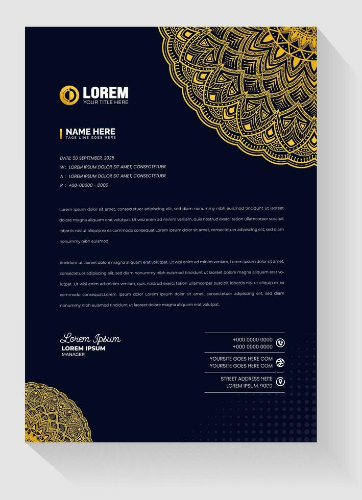 corporate Modern Creative and Clean business style luxury gold and black color letterhead. Luxury ornamental golden arabesque pattern Arabic Islamic east mandala style letter head design template. vector