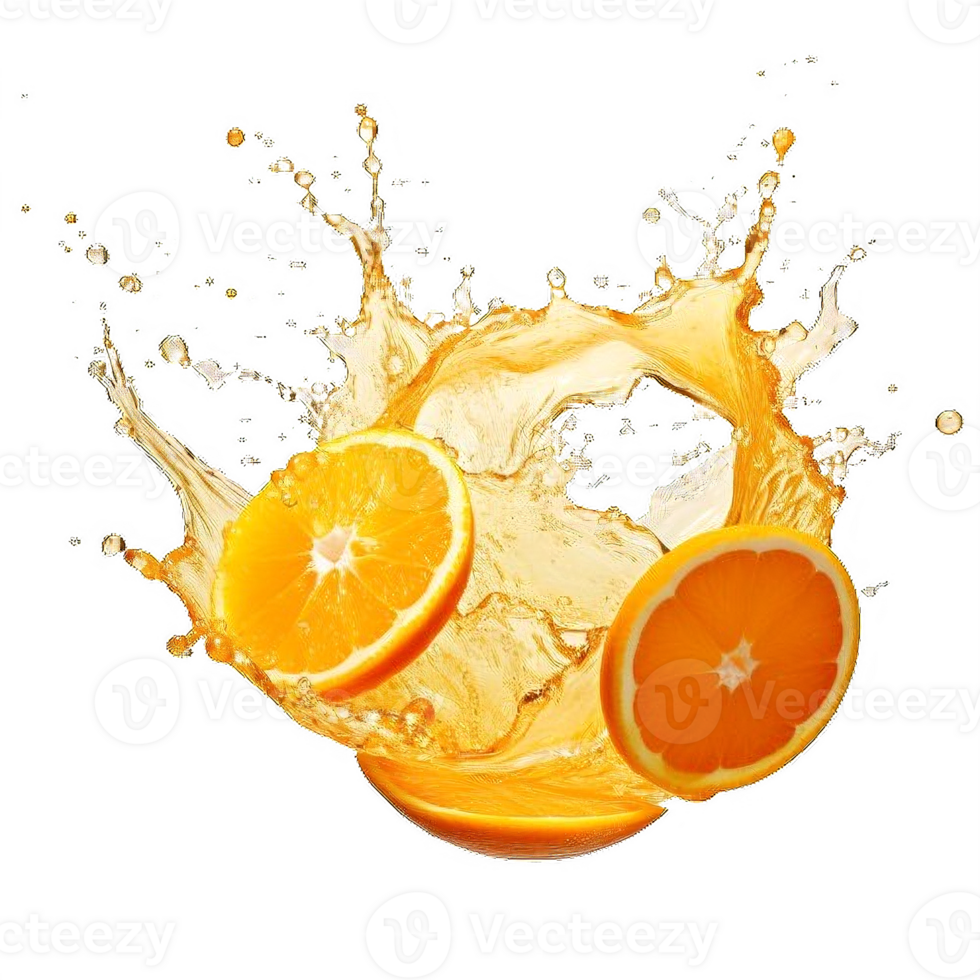 AI generated Vibrant Orange Juice Splash with Fresh Halves on transparent background. ai generative png