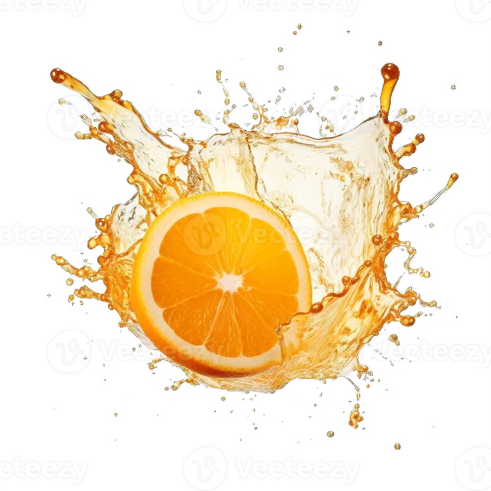 AI generated Vibrant Orange Juice Splash with Fresh Halves on transparent background. ai generative png