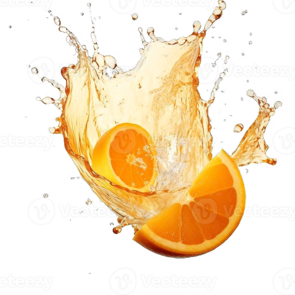 AI generated Vibrant Orange Juice Splash with Fresh Halves on transparent background. ai generative png