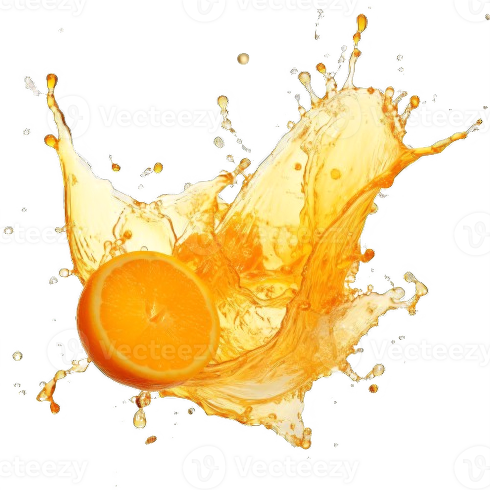 AI generated Vibrant Orange Juice Splash with Fresh Halves on transparent background. ai generative png