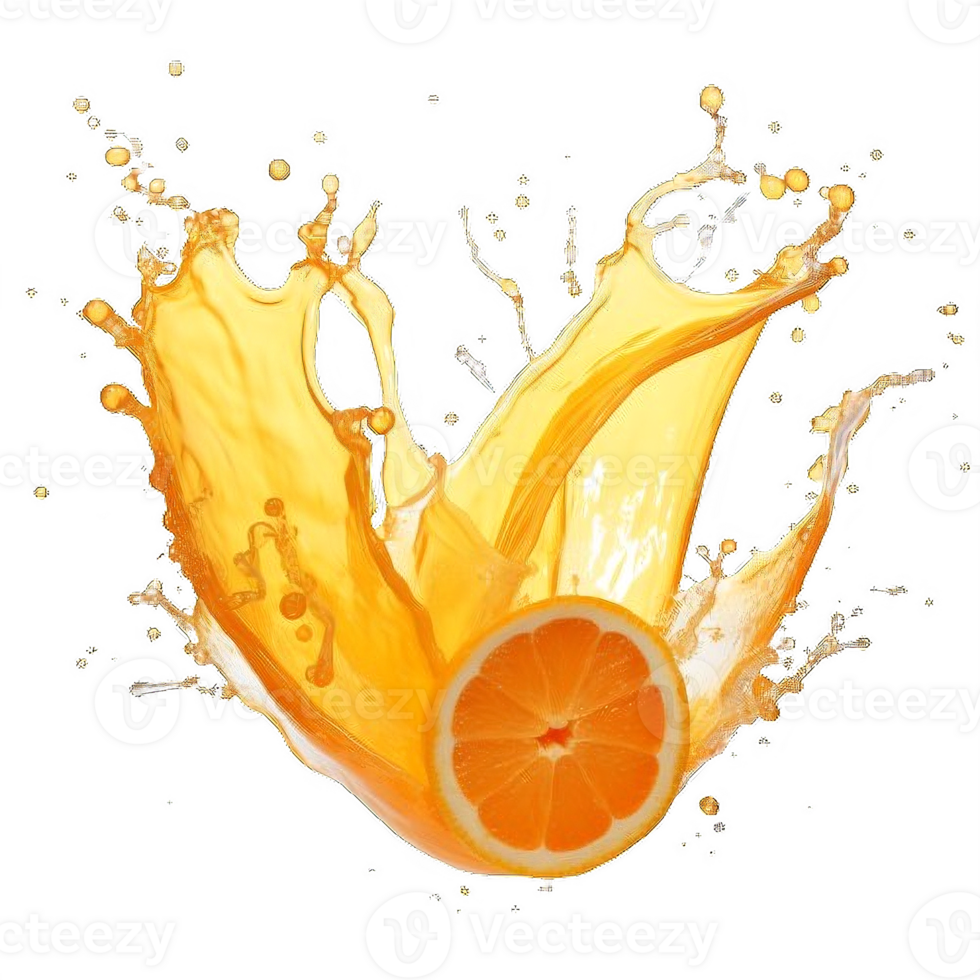 ai généré vibrant Orange jus éclaboussure avec Frais moitiés sur transparent Contexte. ai génératif png