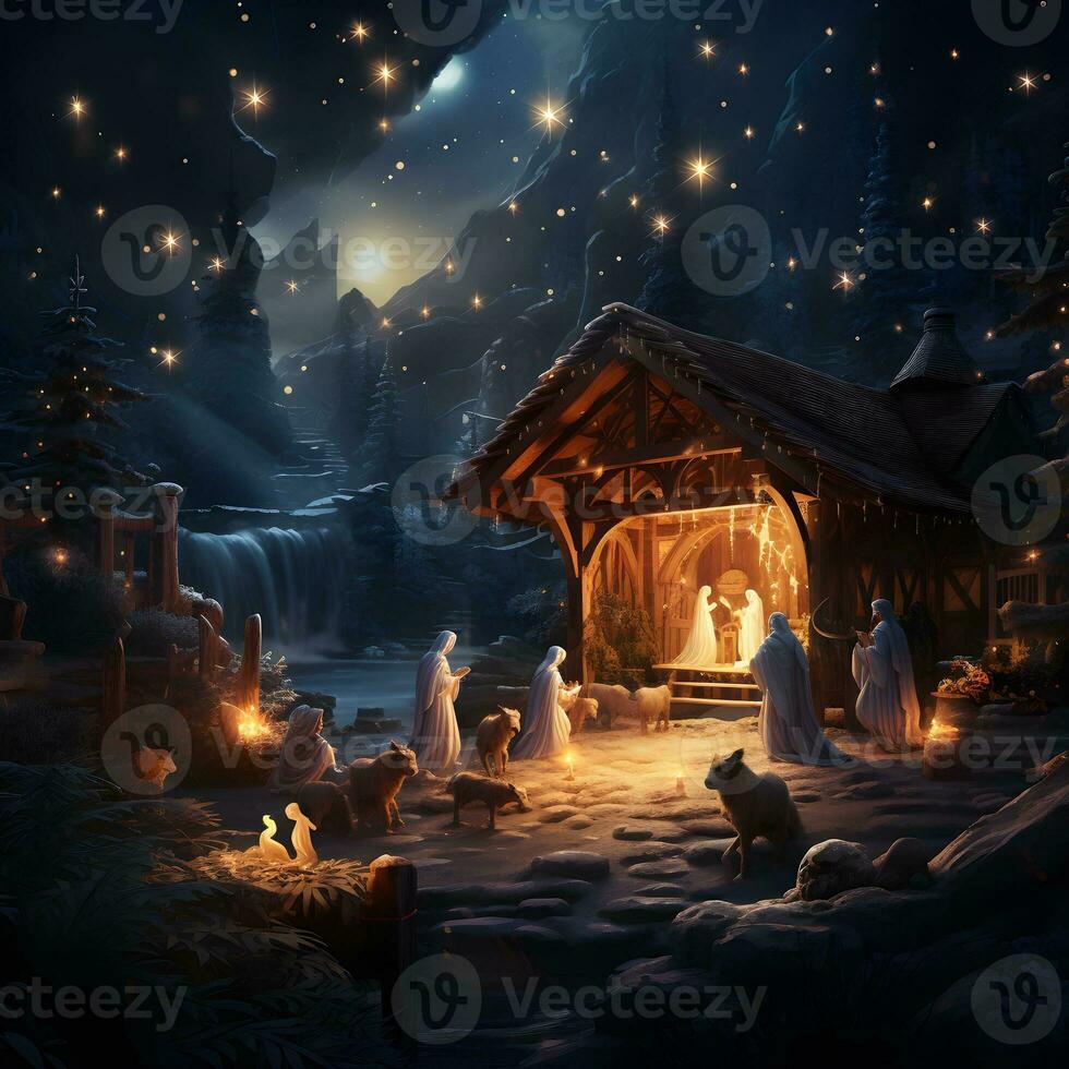 AI generated BIBLE SCENE. Nativity Christmas. Christmas Eve. AI Generation photo