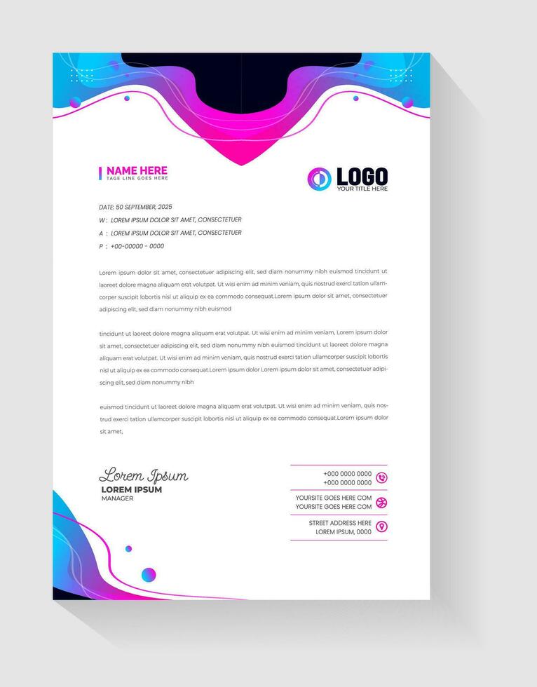 corporate business Abstract style blue and magenta  gradient color letterhead design template. vector